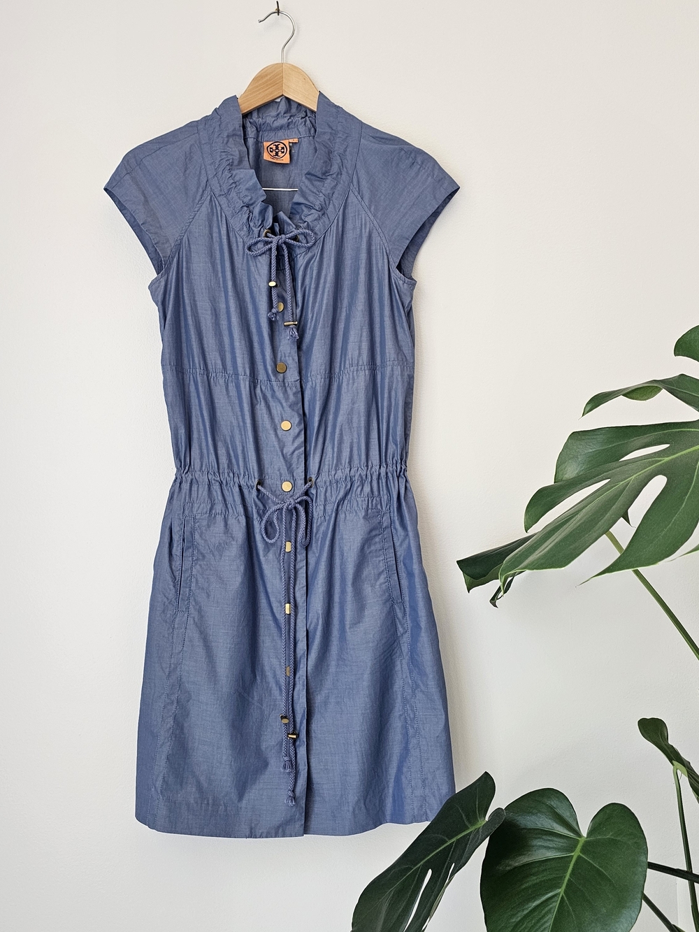 Tory Burch Chambray Blue Button-Front Drawstring Mini Dress